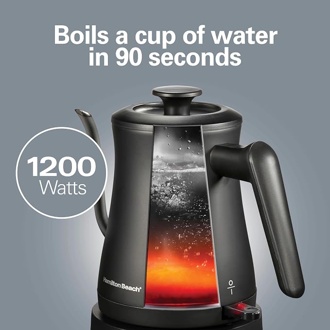Hamilton Beach Compact 20 oz. / 0.6 Liter Gooseneck Electric Kettle | Boiling Water, Pour Over Coffee, Tea | 1200 Watts | Auto Shutoff | Stainless Steel BPA-Free Interior | Black