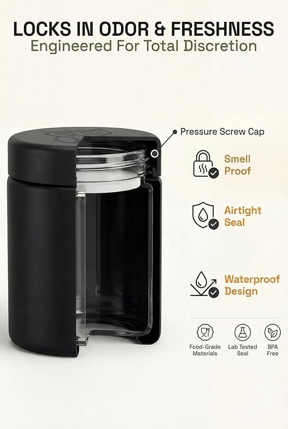Treehouse Smell Proof Containers (120mL), Jars with Airtight Lids for Herbs, Spices, Coffee and Tea, Air Tight Glass Storage Jars with UV Protection Glass, (Set of 2) (Matte Black)
