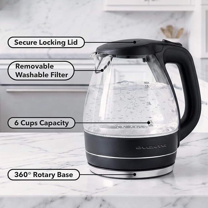 OVENTE 1.5L Glass Electric Kettle Water Boiler, Black KG83B | 1100W Fast Boiling, Borosilicate Glass, BPA-Free, Blue LED, Auto Shut-Off, Boil-Dry Protection, Removable Filter, 360° Base