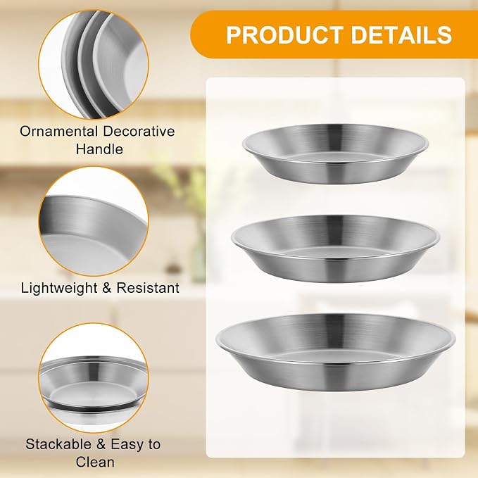 3 Pcs Stainless Steel Pie Pan Set, Pizza Pan Deep Pie Dish Pie Plate Baking Tray Dishes for Pizza Baking Serving Oven Grill, 3 Sizes
