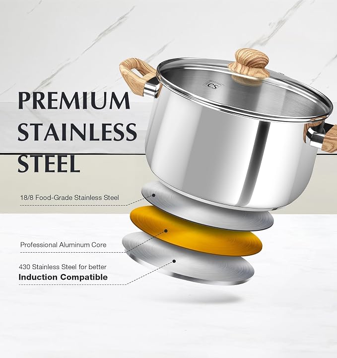 KOCH SYSTEME CS 4 Quart Stainless Steel Pot with Lid, Stock Pot for Soup Pasta Sauce and Vegetables, Tri-Ply Bottom Cooking Pot, Induction Pot for Gas Electric Glass Stoves, Dishwasher Safe