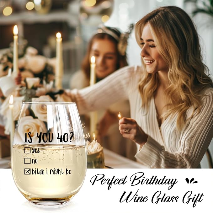 LANBAIHE Funny 40th Birthday Gifts for Women Men- 40th Birthday Wine Glass Gift Ideas for Wife, Husband, Mom, Dad, Sister, Aunt, Coworkers,40Year Party Supplies Decor for Him Her (Clear-40th)