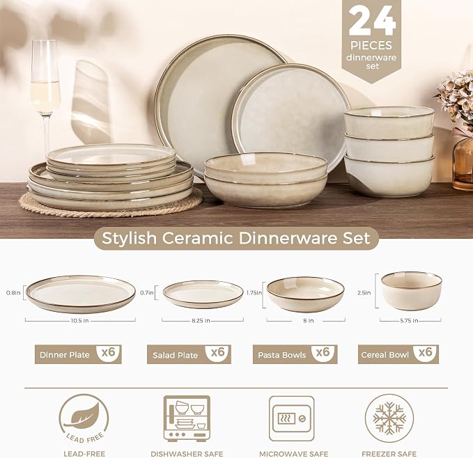 GBHOME Dinnerware Sets for 6, 24 Pieces Ceramic Plates and Bowls Set | Scratch Resistant Stoneware Dishes Set, Dishwasher & Microwave Safe, Reactive Glaze-Cappuccino