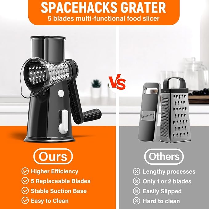 Rotary Cheese Grater Hand Crank, 5-in-1 Vegetable Chopper Spiralizer Slicer | Shredder with 5 Interchangeable Blades for Vegetable, Cheese, Fruit, with Blades Storage Box & Stable Suction Base (Black)
