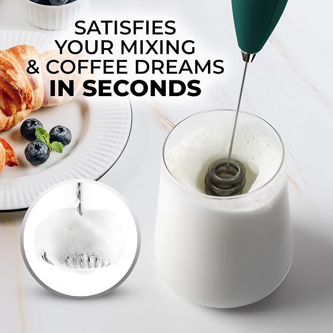 Zulay Kitchen Powerful Milk Frother Wand With Duracell Batteries - Ultra Fast Handheld Drink Mixer - Electric Whisk Foam Maker for Coffee, Lattes, Cappuccino & Matcha - Triple Whisk - Moss Green