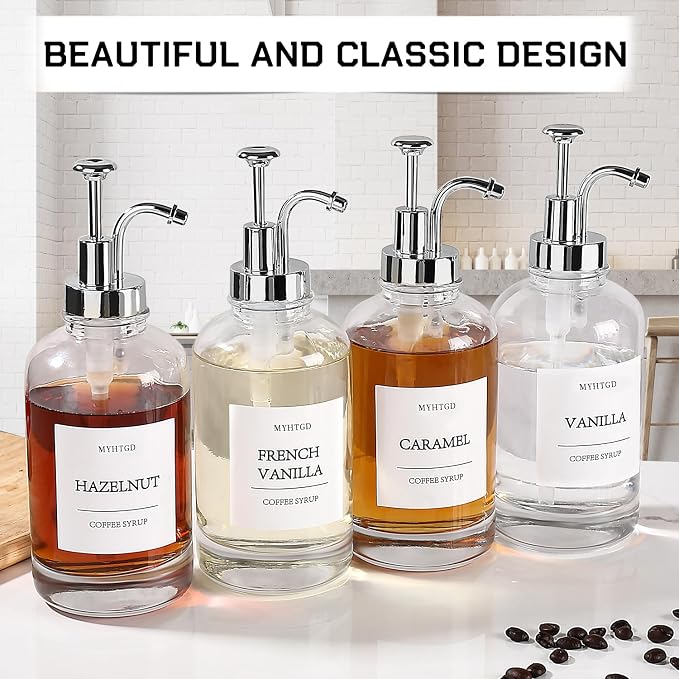 Coffee Bar Accessories,MHDCLY Coffee Syrup Dispenser - 4pack,16.9 oz Syrup Dispenser with Labels,Syrup Pump Dispenser for Coffee Bar(Silver Pump)