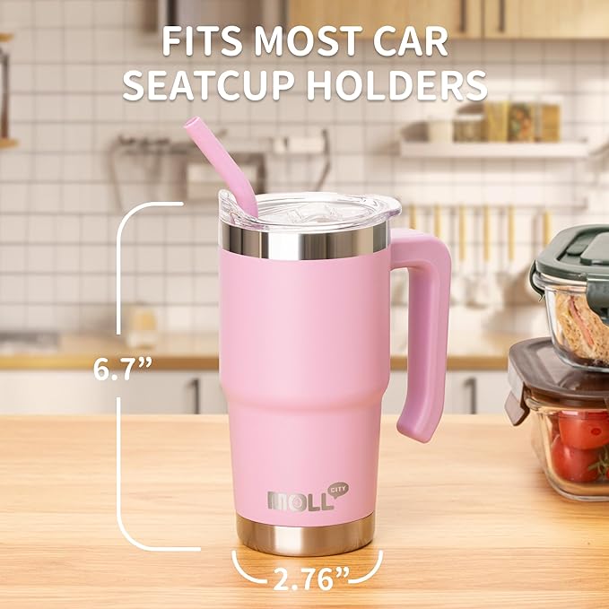Insulated Tumbler with Handle,16 oz Stainless Steel Mug with Lid and Straw | 18/8 Food-Grade Stainless Steel,BPA-Free,Leakproof,Reusable Metal Flask,Keeps Cold 24h & Hot 12h