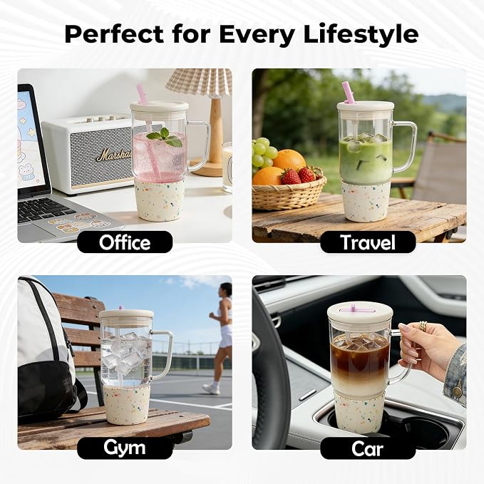 40oz Glass Tumbler with Flip Straw Lid, Handle, Silicone Sleeve, Beige | Leakproof Lid, Fits Car Cup Holder Glass for Iced Coffee, Water, Cold Drinks, Travel, Outdoor, Partys&Home