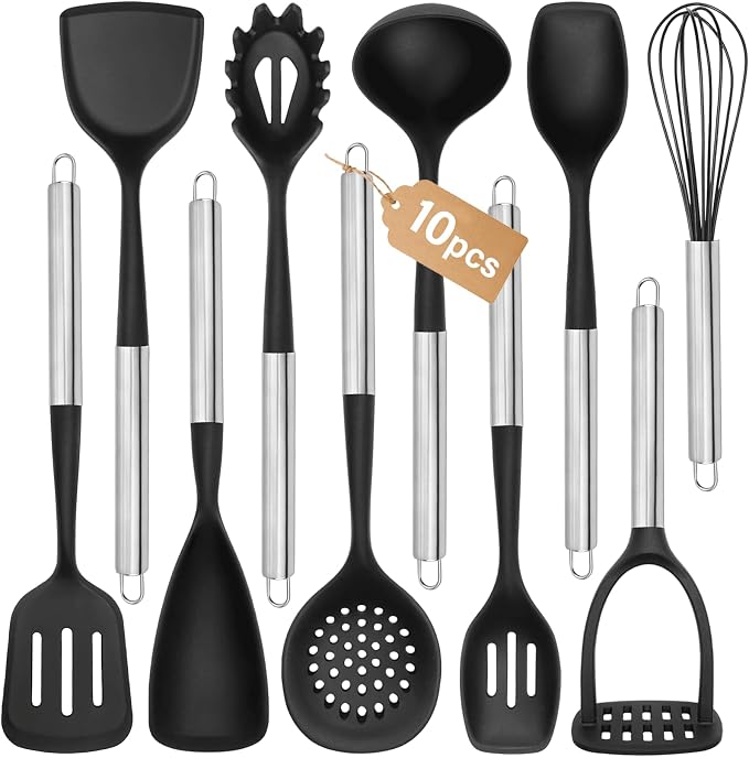 Large Silicone Cooking Utensils Set, 10Pcs Nonstick Kitchen Utensil Set with Stainless Steel Handle, BPA Free Spatula Set with Turners Spoon Ladle Skimmer(Black/Silver)