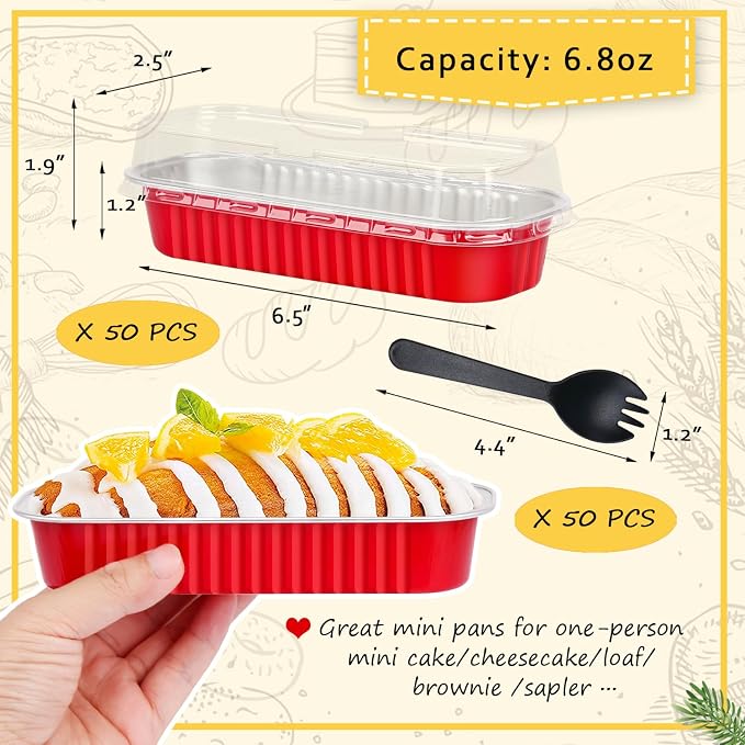 LNYZQUS Mini Loaf Pans with Lids 50 Pack, 6.8oz Small Cake Tins | Rectangle, Red, Disposable Aluminum Foil Baking Cups, Individual Containers for Christmas Party Treats