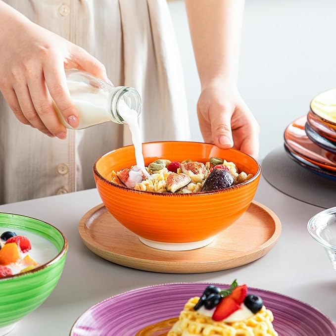 vancasso Bonita Dinnerware Sets, 24 Pieces Multicolor Stoneware Dinner Set | Handpainted Spirals Pattern Ceramic Plates and Bowls Sets, Kitchen Plate Set for 6 Dishes Sets-Microwave and Dishwasher Safe