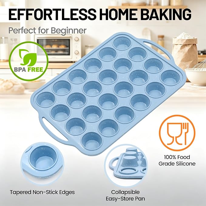Mini Muffin Pan, Metal Reinforced Frame Cupcake Pans 24-Cup Silicone Molds | 2 Pack, BPA Free, Nonstick, Oven Dishwasher Safe, Food-Grade Silicone, Heat-resistant: -104°F to 446°F, Easy Release & Clean