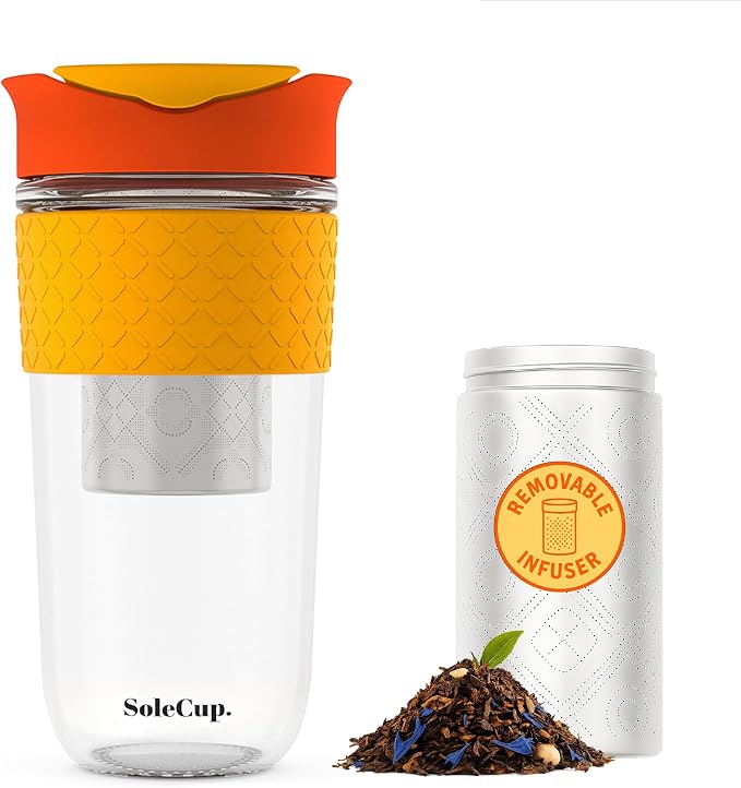Large Travel Mug Loose Tea Infuser - Detachable Tea Strainer with Spill Proof Lid - 18oz/530ml BPA-Free Reusable Glass Travel Coffee Cup with Silicone Band (Red, 18oz)