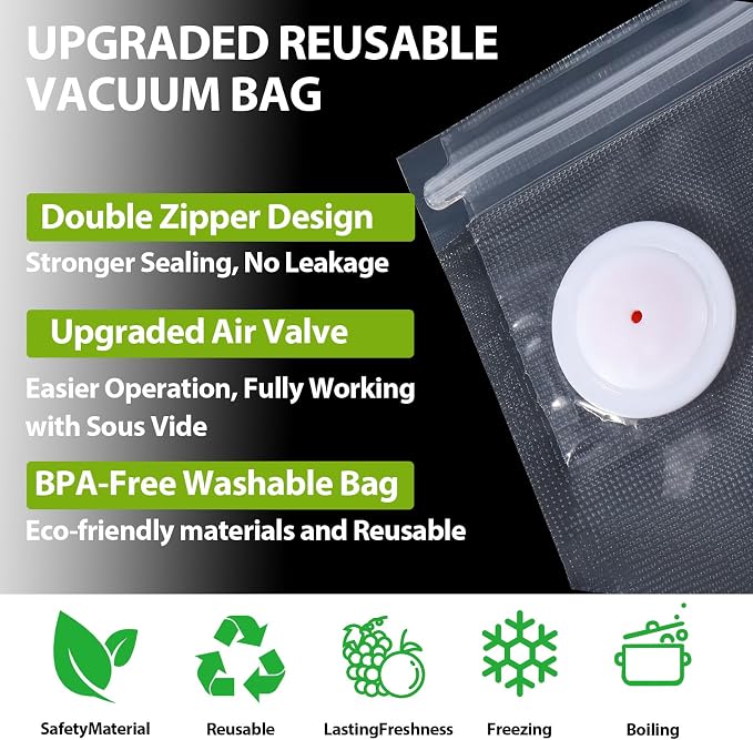 20 PCS Vacuum Sealer Bags for Food, BPA-Free Reusable Vacuum Zipper Bags with Upgraded Air Valve, Sous Vide & Meal Prep Vacuum Storage Bags, Compatible with Handheld & External Vacuum Sealer Machines