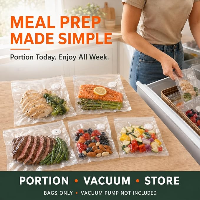 Vacuum Sealer Bags for Food, 60 Pcs Reusable Food Storage Bags, S+M+L Sizes, Air Valve Zipper Bags for Meal Prep, Freezer, Sous Vide & Microwave Storage