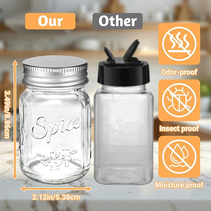 6-Pack Square Glass Spice Jars with Labels (4oz) | Spice Containers with Silver Lids | Includes 60 Labels, Metal Funnel, Extra Shaker Lids & Stirring Stick for Kitchen Seasoning Organization