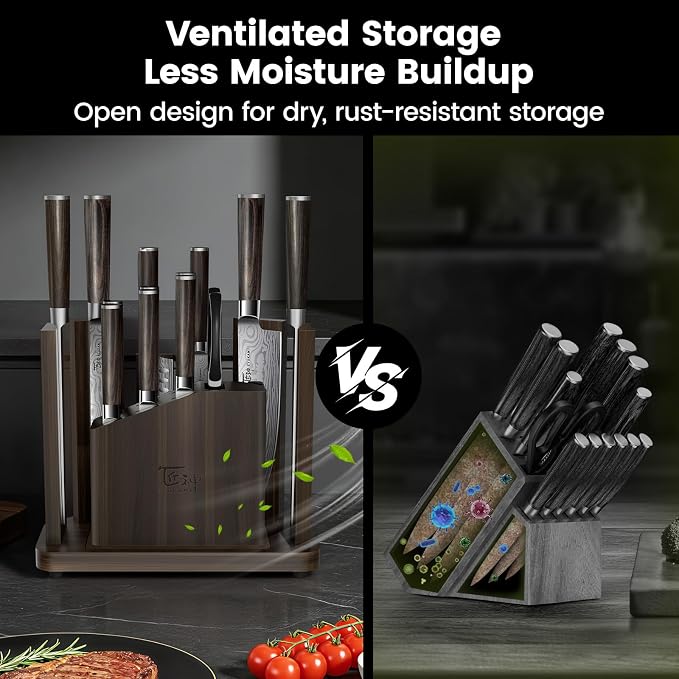 15-Piece Kitchen Knife Set with Magnetic Block, New for 2026 | Detachable Steak Knife Block for Table Service, Built-In Sharpener, Wood Handle, Damascus Pattern, Housewarming Gifts