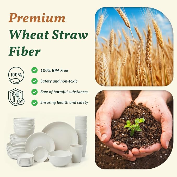 40 PCS Kitchen Dinnerware Sets, Wheat Straw Plates and Bowls Sets, Unbreakable Dishes Set for Camping, Picnic, Microwave and Dishwasher Safe, Plates, Bowls, Cups, Service for 8 (White)