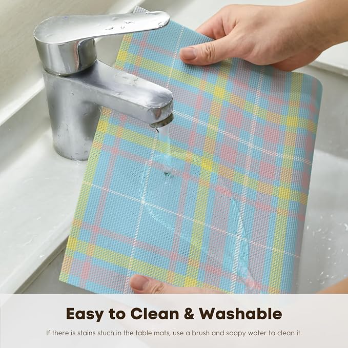 Artoid Mode Blue Striped Check Vinyl Placemats Set of 4, Heat Resistant Non-Slip Woven Plastic PVC Place Mats for Party Kitchen Dining Decor