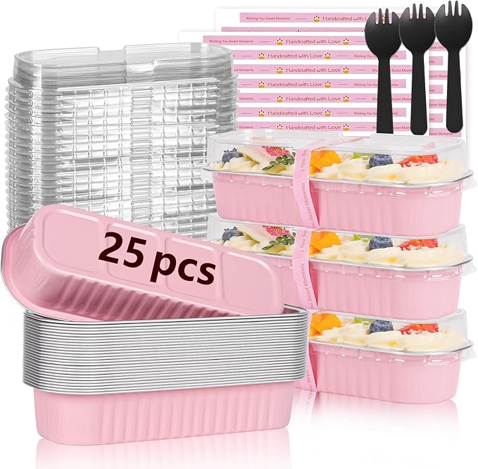YQER 25 Pack Mini Cake Pans with Lids and Spoons, 6.8 oz Pink Disposable Aluminum Foil Mini Loaf Pans with Stickers, Individual Small Dessert Cake Tins Containers for Small Batch Baking, Parties Treat