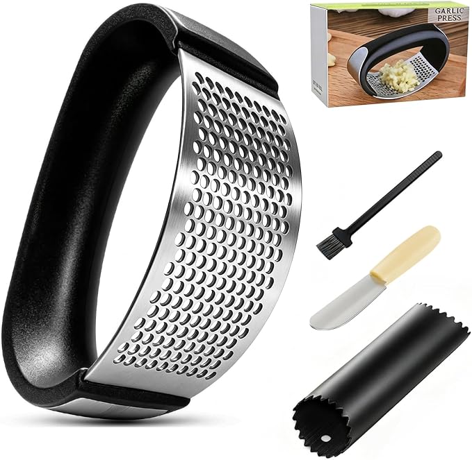 Garlic Press Rocker Set – Stainless Steel Garlic Crusher, Mincer with Peeler & Scraper, Quick & Easy Garlic Smashing