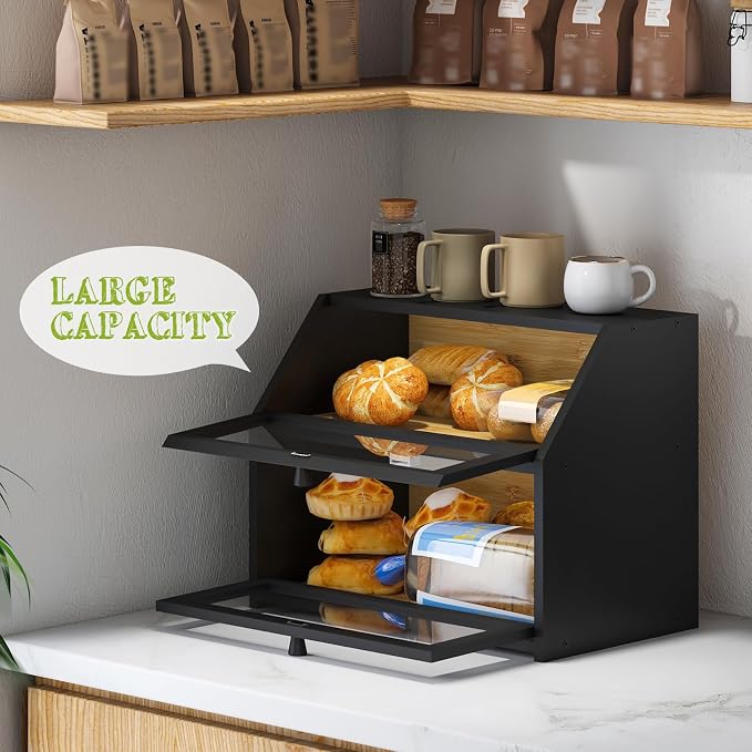 BMOSU Farmhouse Bread Box for Kitchen Countertop Bread box Double Layer Bamboo Wooden Extra Large Capacity Bin Kitchen Food Storage Container(Black)