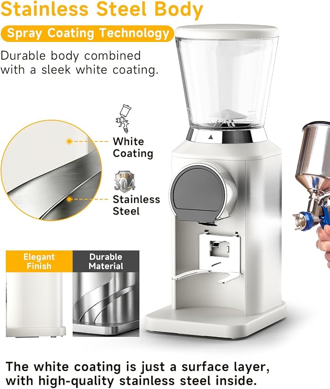 Conical Burr Coffee Grinder with 40mm Stainless Steel Burr, 34 Grind Settings Anti-static, Electric Espresso Grinder for Home Use – Perfect for Espresso, Drip Coffee, French Press & Cold Brew, White