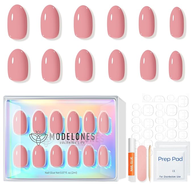modelones Soft Pink Short Press on Nails, Oval Fake Nails Kit | Semi-Transparent Press Ons with Nail Glue, Adhesive Tabs, Nail File, Prep Pad, Manicure Stick, 32Pcs 16 Sizes, Women Gift