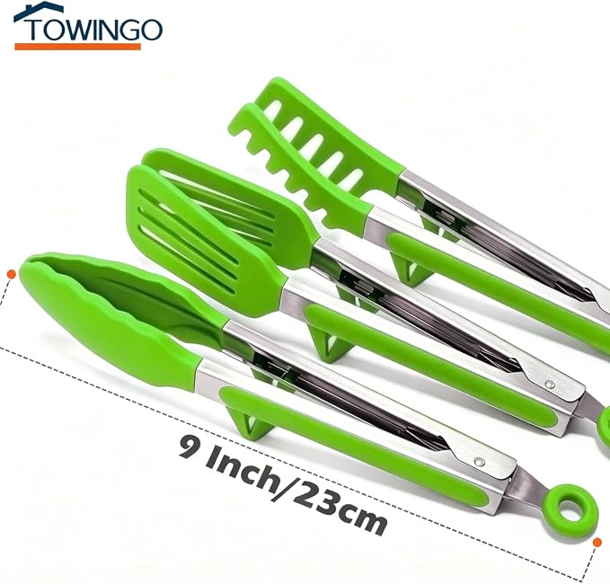 9" Kitchen Tongs for cooking with Silicone Tips, Salad Tongs, Light Green | 3 Pcs Small Silicone Tongs mit Kickstand, Food Grade, 3 different type of tongs, Stainless Steel
