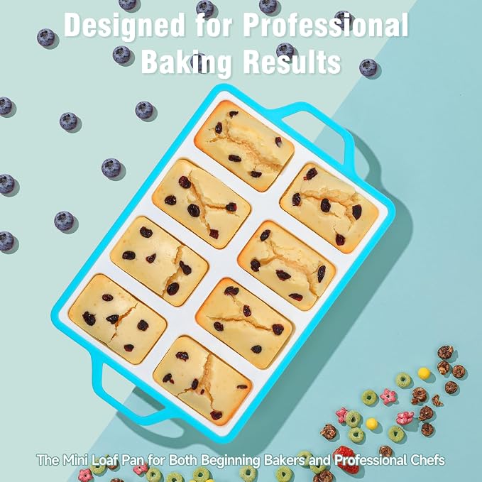 SJ 2 Pack Blue 8-Cavity Mini Silicone Loaf Pans, BPA-Free Reinforced | 8-Cavity Baking Set Uses Durable Silicone, Reinforced Edge Resists Warping For Easy Release Of Kids Snacks And Party Bites