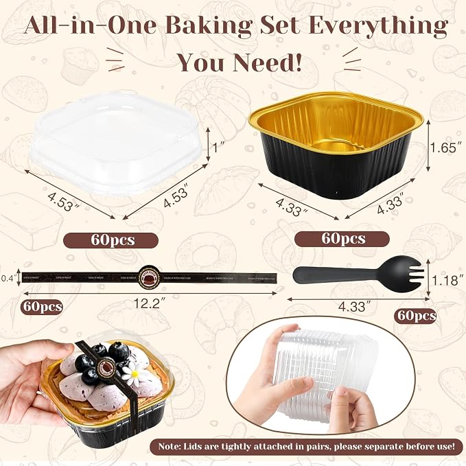 YQER 60 Pack 10oz Mini Cake Pans with Lids, Spoons, Stickers - Disposable Square Brownie Baking Cups - Individual Small Aluminum Foil Loaf Tins for Muffin, Ramekins, Cupcake - Catering, Gift, Black
