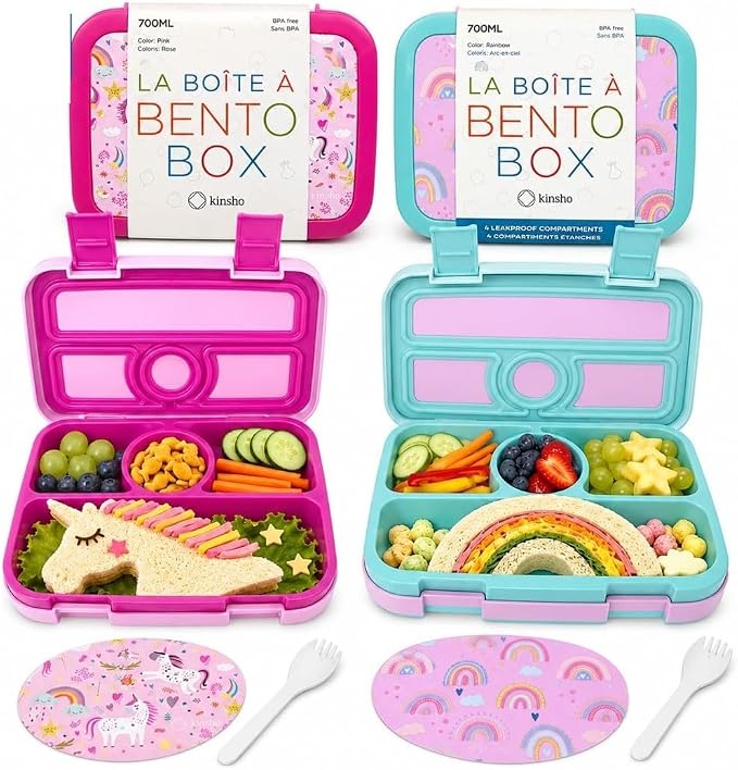 kinsho Bento Lunch Box Set for Small Kids, Snack and Meal Containers for Pre School or Daycare, 4 Compartments, BPA Free, 2 Pack Pink Unicorn + Rainbow