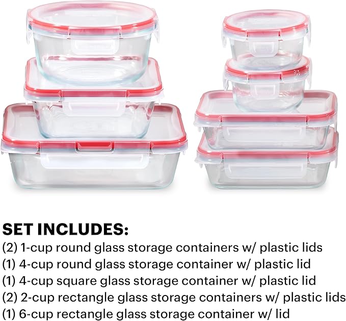 Pyrex Freshlock (7-Pack) Glass Food Storage Containers Set (1, 2, 4 Cup) | Meal prep containers with airtight locking lids, freezer, dishwasher, & microwave safe
