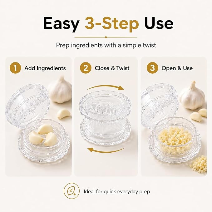 4 Pack Garlic Presses Clear, Manual Garlic Twister Masher - Plastic Garlic Grinder and Mincer Tool Dishwasher Safe & Easy to Clean Rotary Chopper for Garlic, Chili, Onion and Nuts, Compact