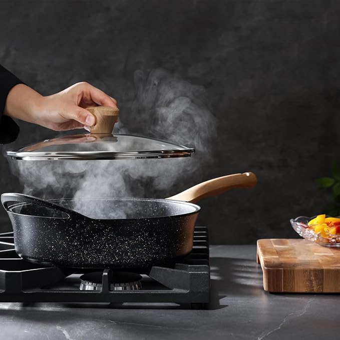 Deep Nonstick Frying Pan with Lid, 4.5 QT Swiss Granite Coating Sauté Pan, 12 Inch Healthy Non Stick Skillet Cooking Pan and Helper Handle with Silicone Cover, PFOA Free, Induction Ready.