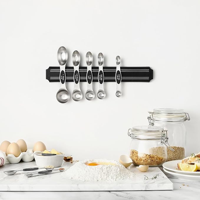Spring Chef Stainless Steel Magnetic Measuring Spoons Set of 8, Black | Dual Sided Metal Teaspoon & Tablespoon Measuring Spoons with Leveler for Dry & Liquid Ingredients, Nesting, Dishwasher Safe