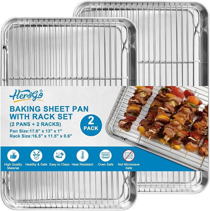 Herogo Stainless Steel Half Sheet Baking Pan with Rack Set(2 Pans + 2 Racks), 18" x 13" x 1" Large Baking Tray with Cooling Rack Set for Oven Roasting, Rust & Warp Resistant & Nonstick