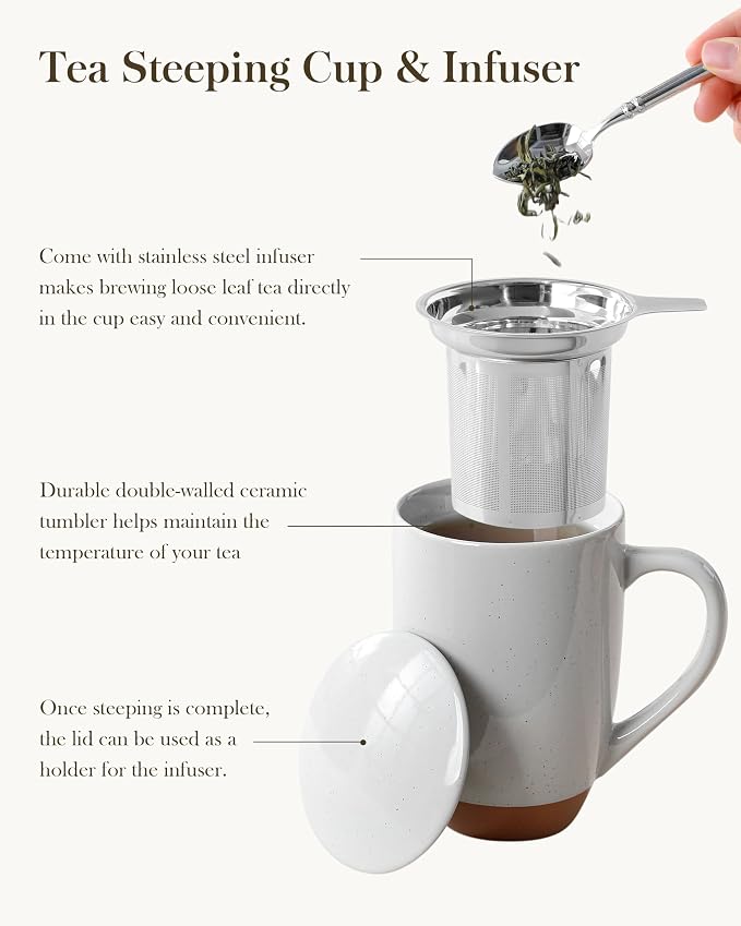 MALACASA Ceramic Tea Mug with Lid and Stainless Steel Infuser, 18 oz Large Tea Cup for Loose Leaf Tea, Heat-Resistant, Microwave & Dishwasher Safe, Speckled Glaze Coffee & Tea Brewer Mug, Khaki Gray