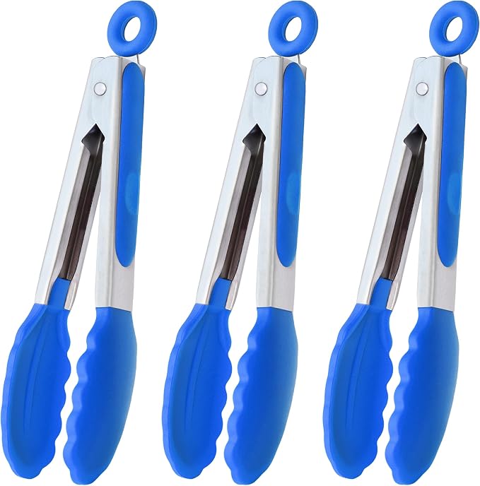HINMAY Small Tongs with Silicone Tips 7-Inch Serving Tongs, Set of 3 (Blue)