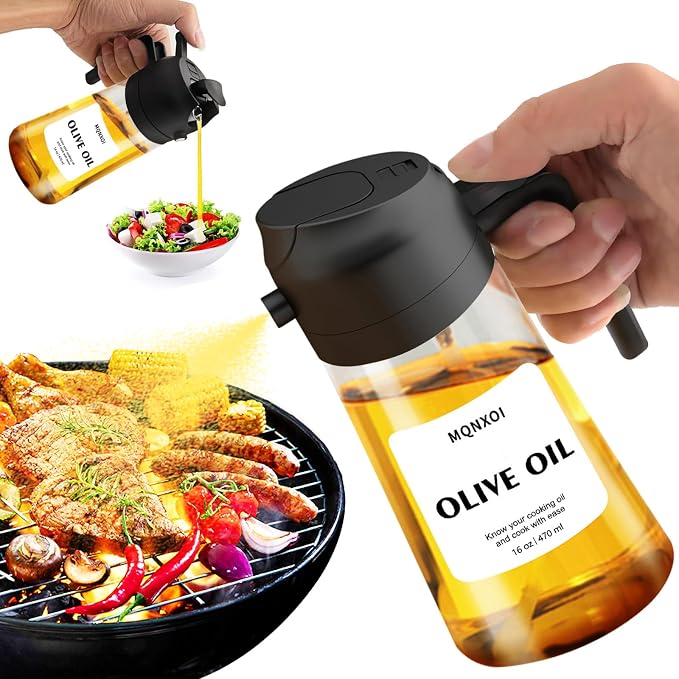 Olive Oil Sprayer for Cooking, 16oz Glass 2 in 1 Oil Dispenser Bottle | Light Blocking, BPA-Free Food Grade, Fine Mist Precise Control, Air Fryer BBQ Salad, Leakproof Anti-Clog, Pre-Printed Labels
