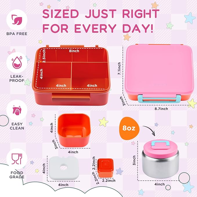 Bento Lunch Box for Kids with 8oz Soup Thermo Leak-Proof Lunch Food Containers with Snack Sauce Container for Kid Girls Boys to School,Pink Bag