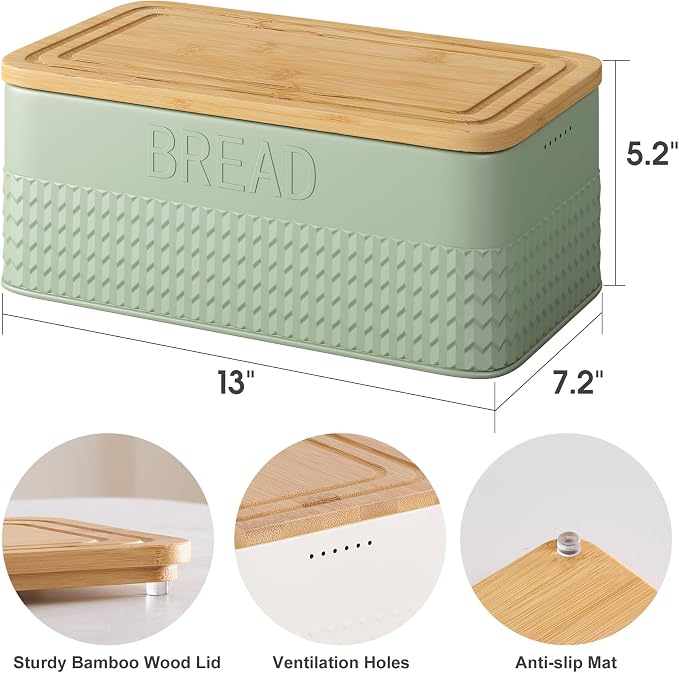kiplant Bread Box for Kitchen Countertop, Large Bread Storage Container with Bamboo Lid, Iron Farmhouse Bread Box for Your House, Green