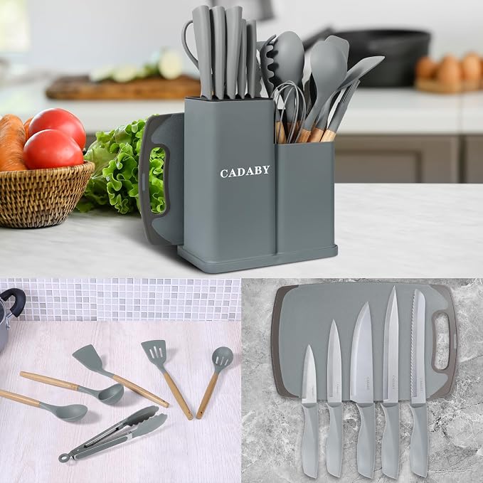 19PCS Gray Kitchen Cooking Utensils Set Kitchen Tools Set | 6 Stainless Steel Knives, 11 Silicone Utensils with 1 Cutting Board, Ideal for Apartment