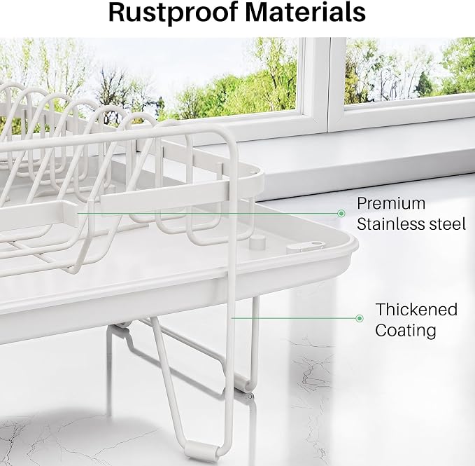 SNTD Large Dish Drying Rack for Kitchen Counter, Expandable, White | Stainless Steel Dish Drainer, Adjustable Length 18.9''-29.3'', Automatic Drainage, 360° Spout, Cutlery Holder with Knife Slot