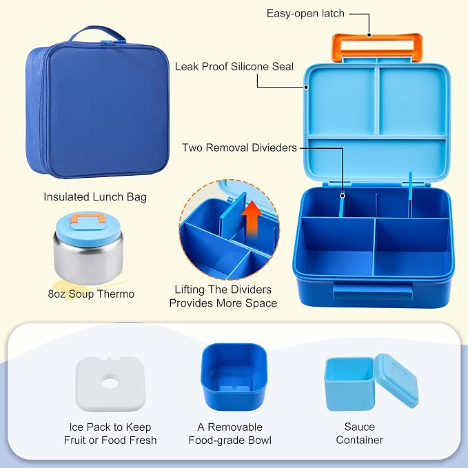 Bento Lunch Box for Kids with Thermo, Leakproof Bento Box with 8oz Insulated Food Jar, Lunch Bag, BPA Free Dishwasher Safe 4 Compartment Container for School Girls Boys (Blue)