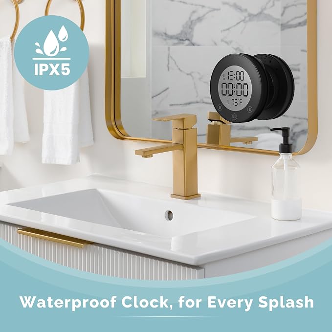 KADAMS Shower Clock Waterproof Bathroom Timer – Digital Wall Clock with Countdown, Magnetic Kitchen Clock with Temperature & Humidity, Suction Cup for Kids Shower Spa Cook Bath (Matte Black)