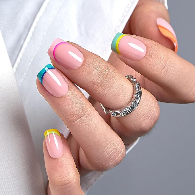 CurvLife Short Square Rainbow Design Press On Nails, Multicolor,Soft Gel | 32PCS, 16 Sizes, Salon-Quality Natural Fake Nails, Curved Fit, 7-14 Day Glue-On Wear, Reusable Stick-On Nails, Press-On Kit