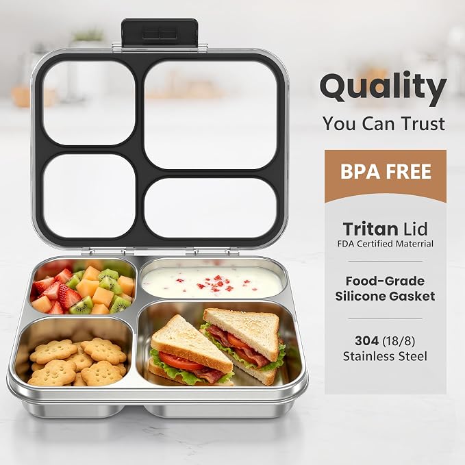 HOMEKOL Stainless Steel Bento Lunch Box, 4 Cups, Black | 4-Compartment Leak-Proof Metal Lunch Container for Kids & Adults, BPA/BPS-Free, Dishwasher Safe, Clear Lid, (Not Insulated)