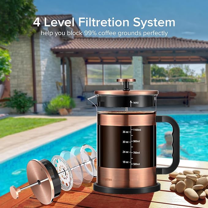 QUQIYSO French Press Coffee Maker 51oz, Large French Press, Thickened Glass | Borosilicate Glass Plastic Free Coffee Maker, Easy to Clean,4 Filter, Coffee Press Suitable for Kitchen Party Camping(Copper)