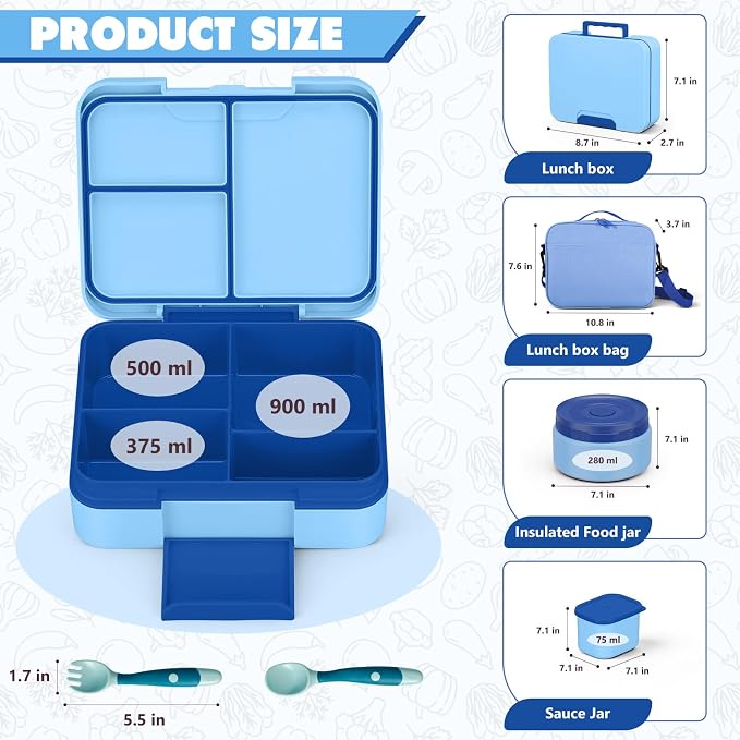 WyfKyd Bento Lunch Box Set with Soup Thermo Food Container for Kids Adults | Bento Box Set with 9.5oz Soup Thermo Kids Leak-proof Lunch Box Container with Insulated Hot Food Jar and Bag for School Blue